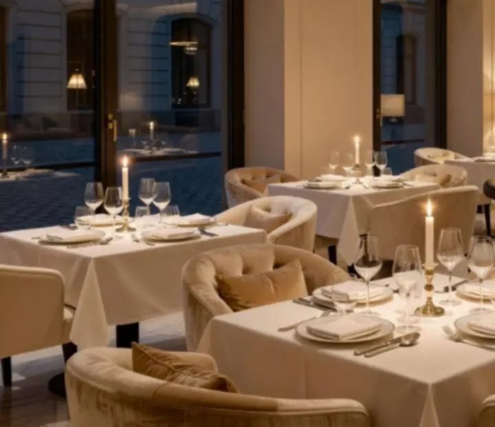 Večerní interiér restaurace Praznoc s tlumeným světlem a elegantně prostřenými stoly