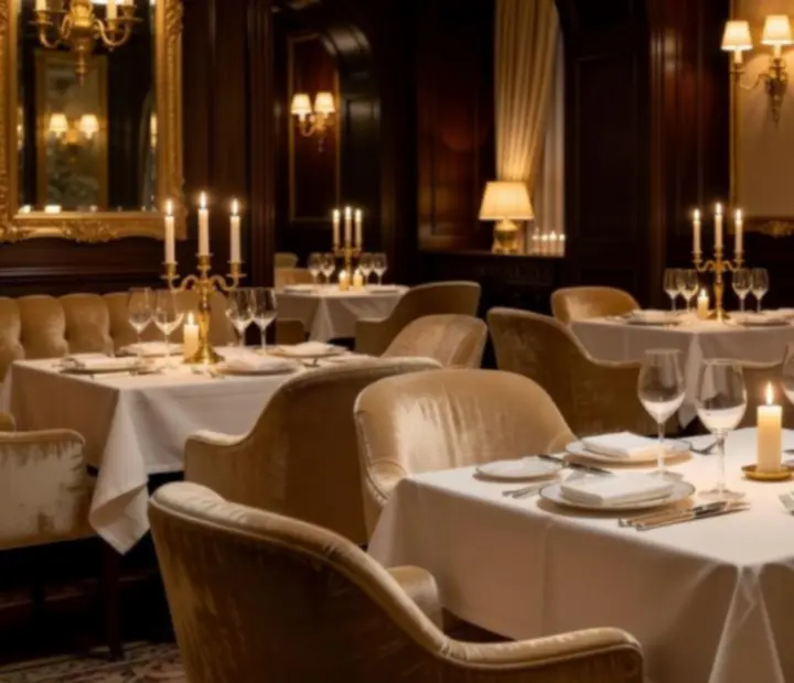 Interiér restaurace Praznoc s intimním osvětlením a prostřenými stoly se svíčkami