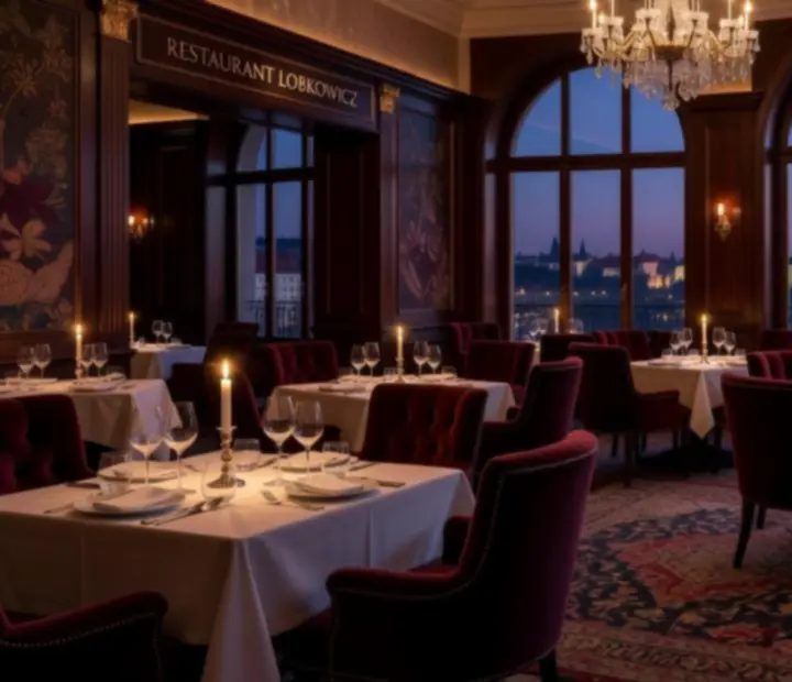 Cinematický pohled na večerně nasvícený stůl v luxusní restauraci Praznoc