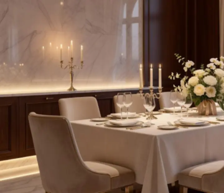 Luxusní privátní salonek restaurace Praznoc se svíčkami a prostřenými stoly