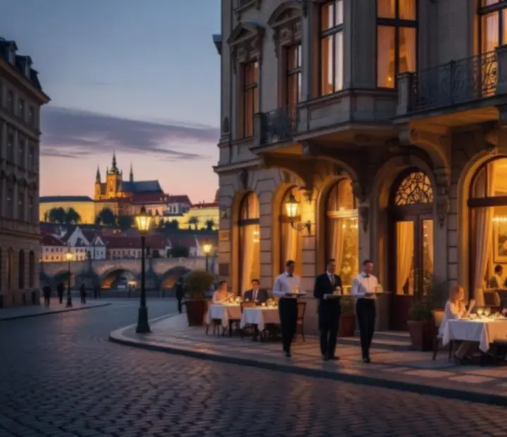 Exteriér restaurace Praznoc v podvečer s jemně nasvíceným vstupem